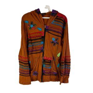 Vintage 90s Rising Internations Patchwork Rainbow Hooded Sweatshirt Jacket Hippy